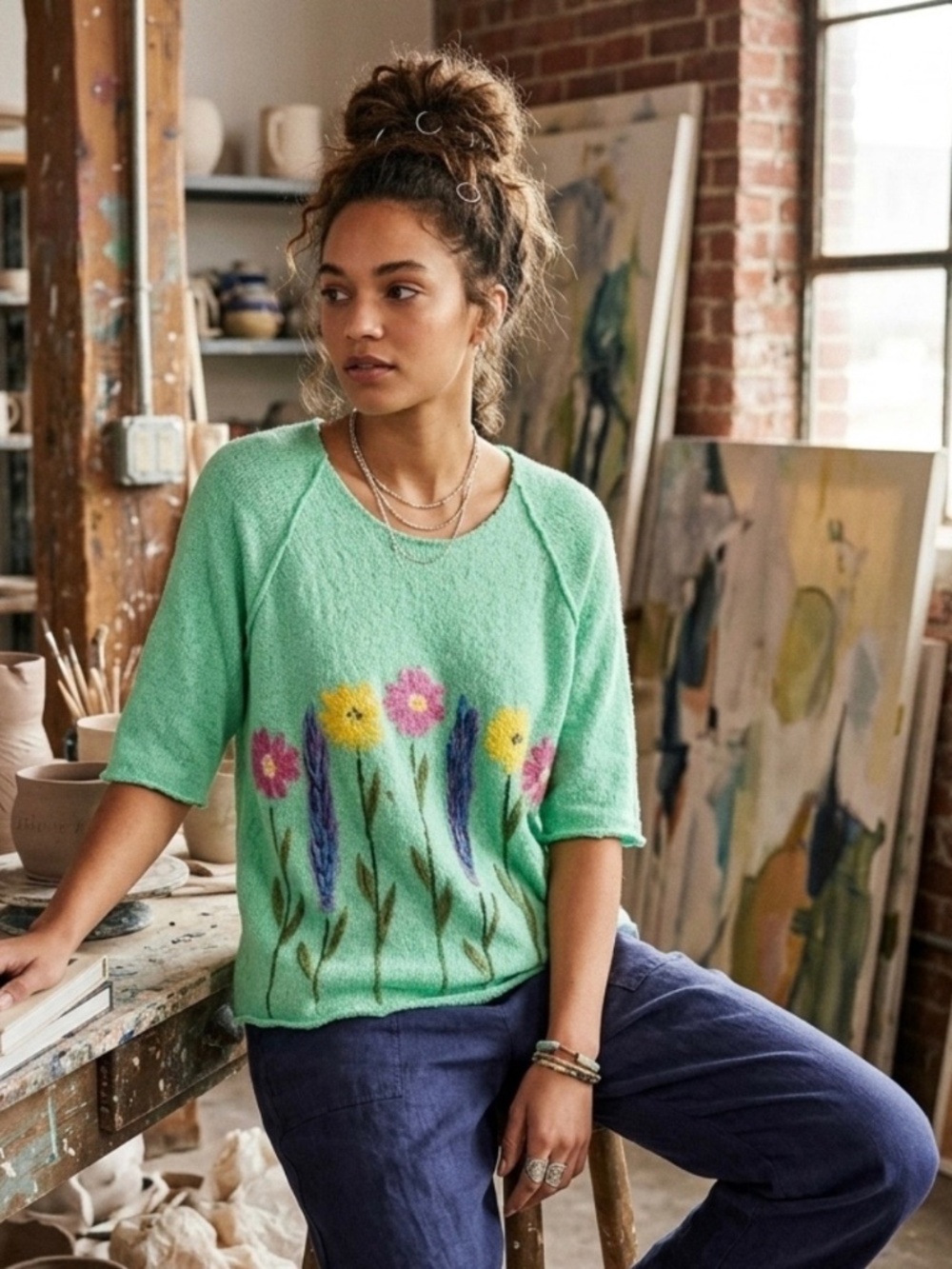 Victoria Vintage Mint Green Sweater Art Hand-Painted Floral Cotton 90’s Sz L